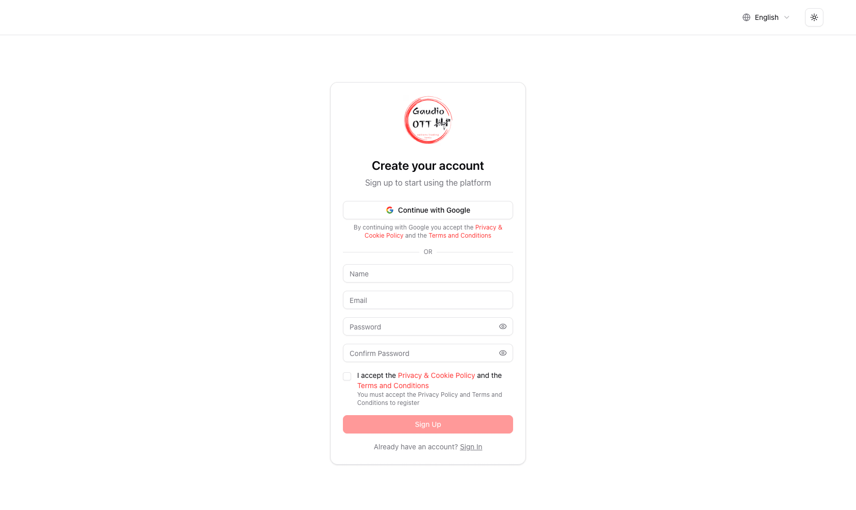 La pagina di registrazione con Continua con Google sopra il modulo email e password