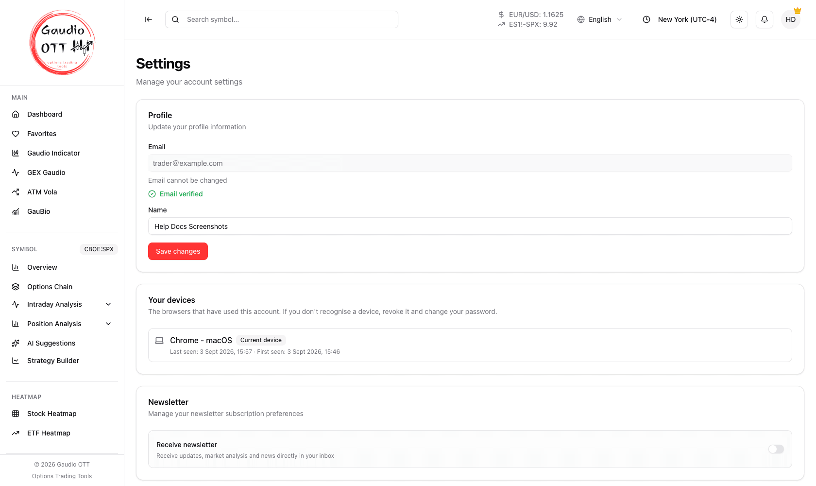 The Settings page, with Profile at the top